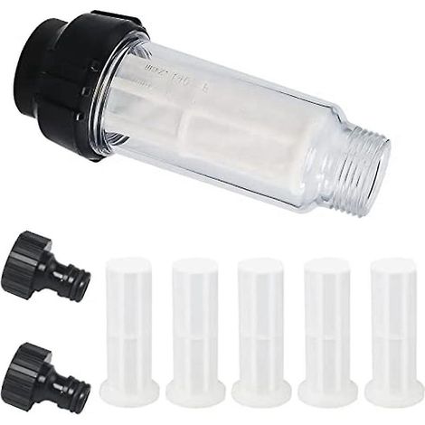 Tuyau d'arrosage avec filtre à eau, préfiltre à eau de 3/4 pouce, ensemble de filtration avec 5 inserts filtrants + 2 raccords rapides (1/5)