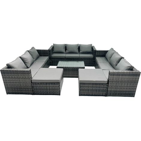 Fimous Rattan Garden Furniture Dining Set 11-seater Patio Coffee Table Sofa Set with 2 Big Stools Dark Grey Mixed (1/5)