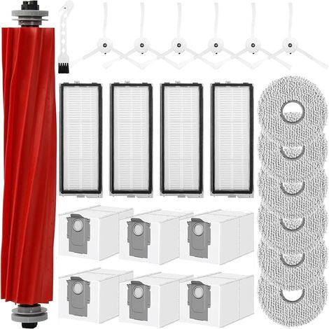 Kit de 24 Accessoires pour Roborock Qrevo Pro/Qrevo S/Qrevo MaxV, 1 Brosse Principale, 6 Sacs Poussire, 6 Serpillires, 4 Filtres HEPA, 6 Brosses Latrales, 1 Brosse de Nettoyage