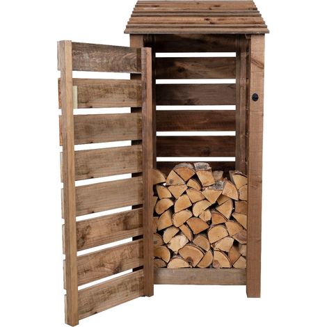 Wooden log store, Slatted timber storage with door (W-79cm, H-180cm, D-88cm) brown finish