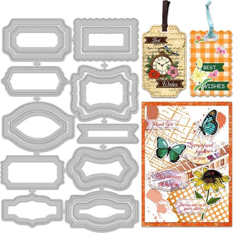 Lot de 16 matrices de découpe en métal pour étiquettes, marque-pages, 10 modèles différents, pour scrapbooking, album, 20 x 11 cm