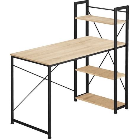 Table de bureau 3 étagères style industriel et loft en bois clair 122 cm (1/5)