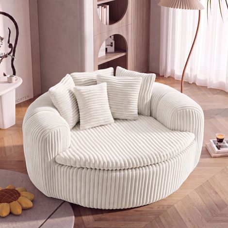 Fauteuil lounge 145x133x59 cm en velours côtelé, assise profonde, 5 coussins, accoudoirs enveloppants, rembourrage mousse et ressorts ensachés, beige (1/5)