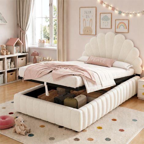 Lit enfant coffre rembourré 90x200 cm avec grand rangement hydraulique, tête de lit capitonnée en forme de fleur, sommier à lattes, velours, Beige (1/5)