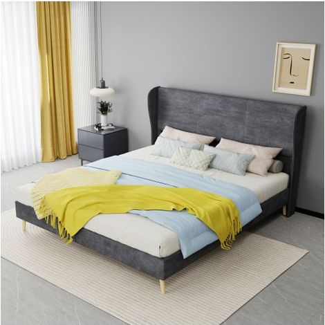 Lit Rembourré 160x200 cm Velours Gris avec Tête de Lit - Lit double - Sommier à Lattes Solide Inclus Style Moderne Sans Matelas (1/5)