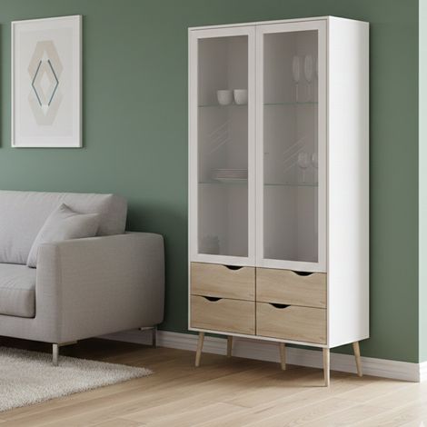 Dmora Vitrina con dos puertas de cristal batientes y cuatro cajones, blanco y roble, Medidas 98 x 200 x 39 cm, con embalaje reforzado (1/5)
