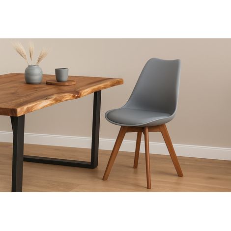 Esszimmer Schalenstuhl & Polster Kunstleder grau Stuhlbein Massivholz akazienfarben LOVELACE (1/5)