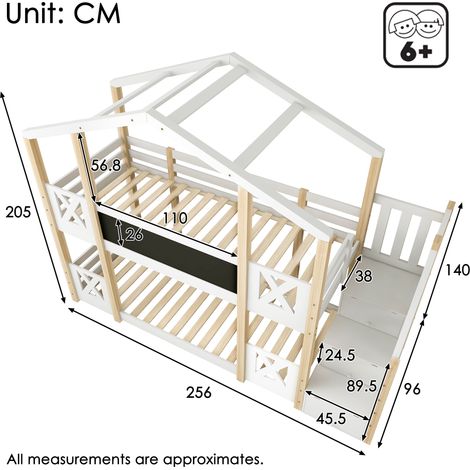 Lit enfant 90x200 cm superposé cabane avec échelle, rangement et barrière de sécurité – 2 sommiers inclus – Couleur Naturel et Blanc