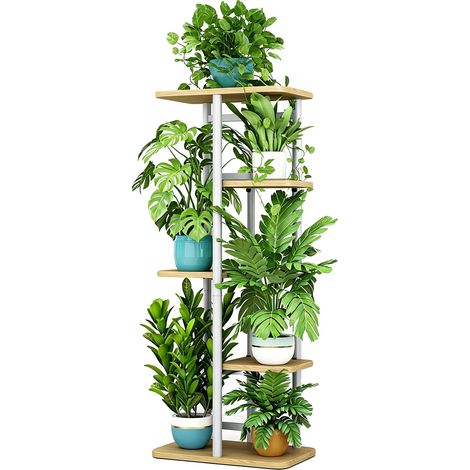 Soporte para plantas, diseño metálico de 5 niveles, soporte que ahorra espacio, roble. (1/2)