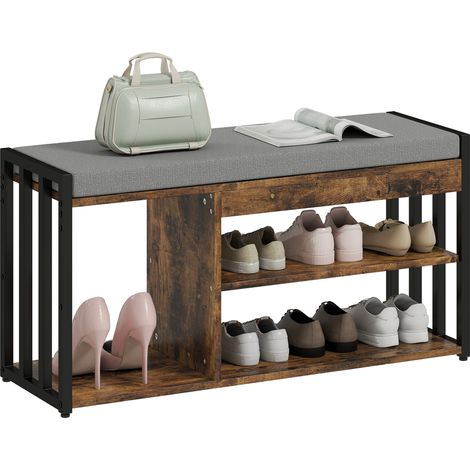 HOMCOM Upholstered Entryway Shoe Bench with Storage Shelves, Rustic Brown