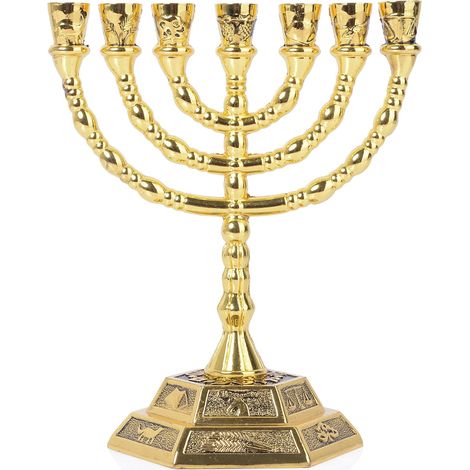 Menorah 7 Branche, Chandelier juif, 12 tribus d'Israël, Hauteur 20 cm, Or
