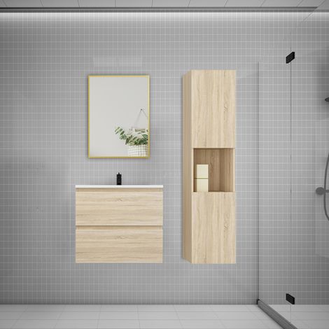 Ensemble meuble Chêne et vasque L.60cm 2 tiroirs + colonne1 haut + lavabo + miroir 70x50cm-suspendu (1/5)
