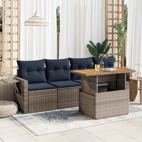 Salon de jardin 5 places en résine tressée gris avec coussins, table extensible acacia et rangement intégré, 2 fauteuils + 2 sièges (1/5)
