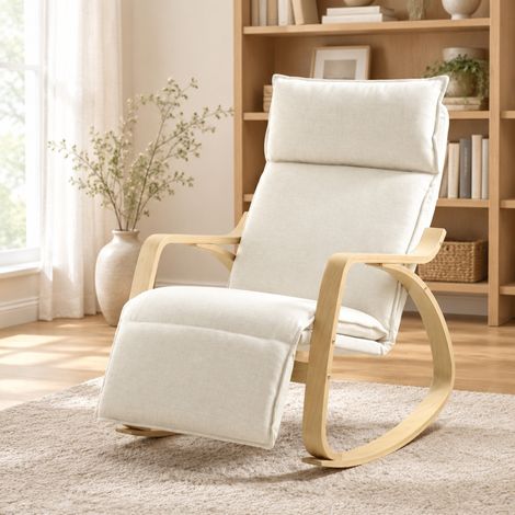 Poltrona a dondolo con poggiapiedi a 5 posizioni, 106 x 67 x 92 cm, bianco crema OKMYHOME (1/5)
