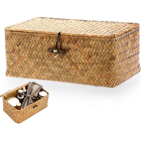 Boîte de Rangement en Rotin Tressé avec Couvercle, Panier de Rangement en Rotin, Panier de Rangement en rotin avec Couvercle, pour Salle de Bains, Salon, Cuisine (XS, Orange) (1/4)