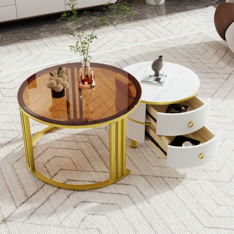 Mesa de centro nido 70x70x45/50x50x40 cm blanca y marrón en vidrio y MDF con 2 cajones (1/5)