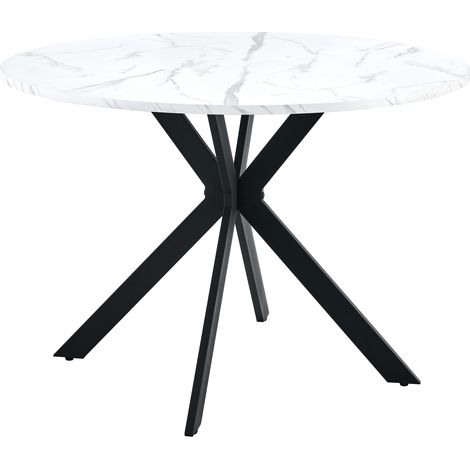 Table à manger ronde 110 cm avec plateau effet marbre blanc en MDF et piètement X noir (1/5)