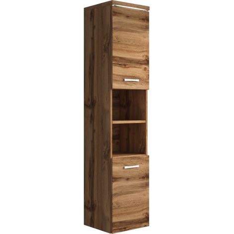 Badplaats – Colonne de salle de bain suspendue 160 cm – Chêne – 2 portes – 2 niches ouvertes – Montage gauche ou droite – Kit de fixation inclus