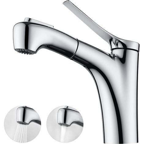 Robinet de salle de bain extractible avec 2 modes de débit d'eau, douchette à main, mitigeur de lavabo à levier unique - Chrome (1/5)