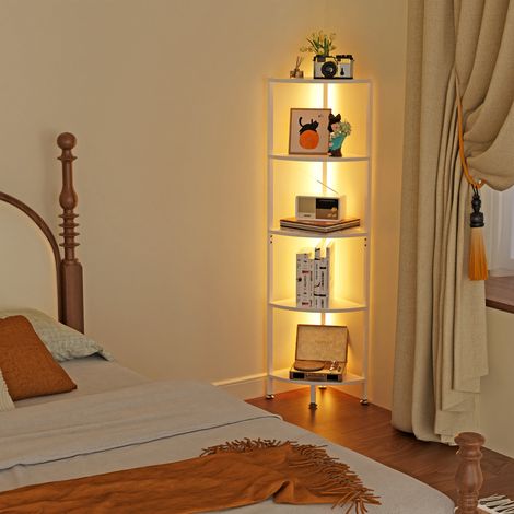 Sifree – Étagère murale d'angle 5 étagères – Éclairage LED 16 couleurs – Structure en bois blanc et métal – Support compact pour salon, chambre, cuisine – 140 cm (1/5)