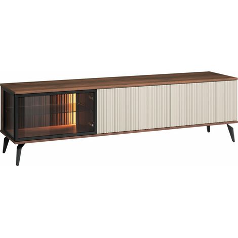 Mobilier1 – Meuble TV Salcira 103 – Dimensions 180x50x39cm – Stratifié, MDF, verre trempé – Éclairage LED, pieds en métal – Fabriqué en Europe