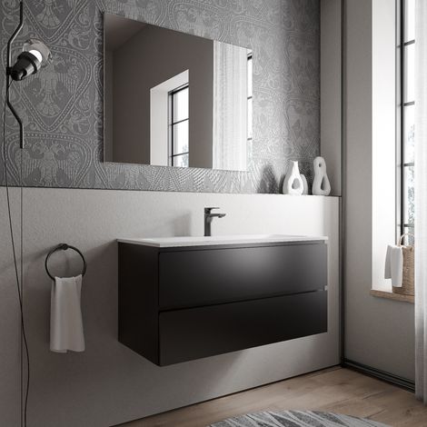 BERNSTEIN - Meuble vasque de salle de bain MDF Noir mat avec lavabo fonte minérale Blanc mat - 100x45,6x50cm - AVA CREAM - Noir mat, Blanc mat avec trou pour robinetterie
