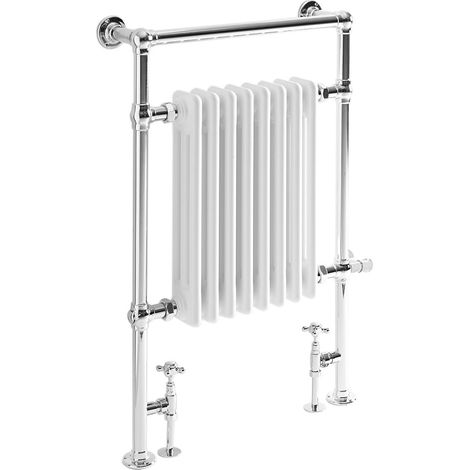 Milano Elizabeth 930mm x 620mm Floorstanding Chrome and White Dual Fuel Electric Heated Towel Rail Radiator with Angled Valves - With Cable Cover (1/5)