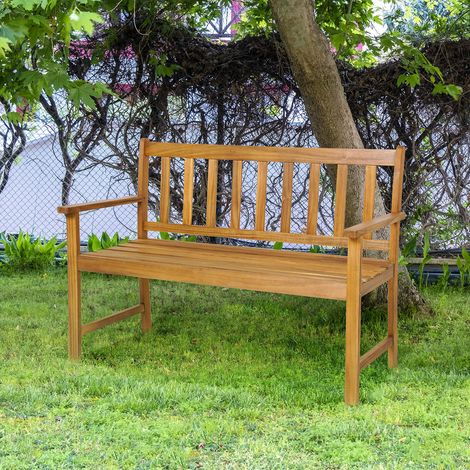 Détente conviviale à deux sur banc en bois d'acacia 2 places dossier à lattes pour jardin terrasse et patio (1/5)