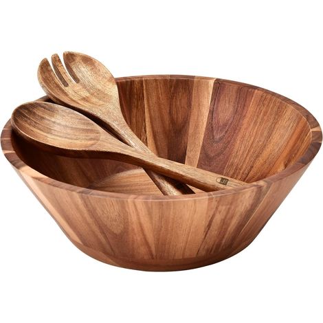 Ensemble de saladier en bois d'acacia de 30,5 cm, grand bol de service à salade en bois avec ustensiles de service (1/5)