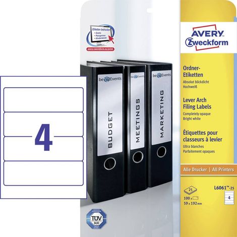 Avery-Zweckform L6061-25 Etichetta per raccoglitore da ufficio 59 x 192 mm Carta Bianco 120 pz. A tenuta permanente Sta (1/4)