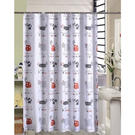 180 x 200cm Rideau de Douche avec 12 Crochets Séchage Rapide(chat), Tissu Polyester Imperméable Lavable en Machine, Rideaux Salle (1/5)