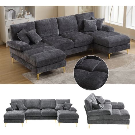 Moderno divano componibile a U in ciniglia di grandi dimensioni con due sedute reclinabili, ideale per soggiorno, camera da letto, ufficio, appartamento, villa, salotto o casa, da posizionare accanto 