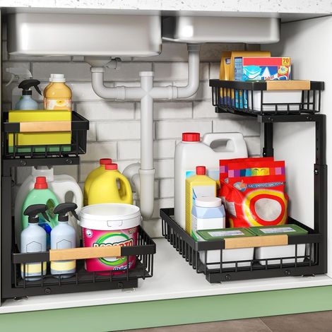 Métal Lot de 2 Rangement sous evier, 2 niveaux tiroir coulissant cuisine,Rangement et Organisation de Cuisine,rangement sous evier cuisine, Noir (1/5)
