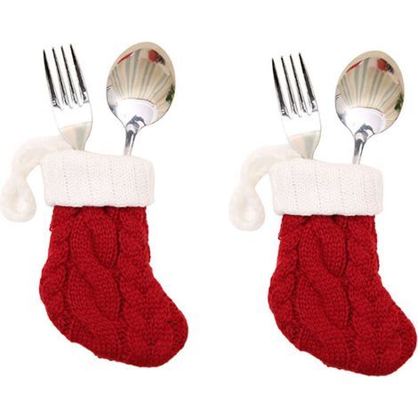 2pcs ensemble de supports d'argenterie de vaisselle de noël, bas de noël tricotés rouges, housses de couteaux et de fourchettes pour Thanksgiving, décorations de fête du nouvel an, ornements de décora (1/5)