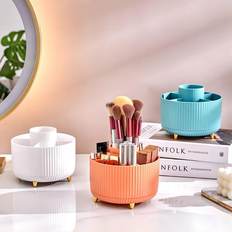 Organizer per il trucco di grande capacità, organizer per il trucco girevole a 360°, contenitore per pennelli da trucco con 5 scomparti, per toletta, bagno, camera da letto (crema) (1/4)