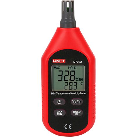 Termómetro-higrómetro mini UT333 para uso en interiores y exteriores, con indicador de sobrecarga y pantalla LCD retroiluminada. (1/5)