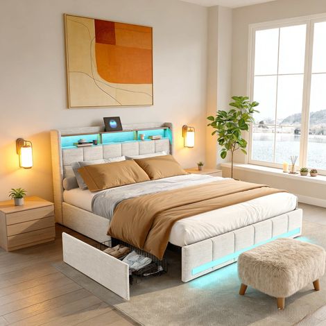 Lit rembourré intelligent 140x190 cm avec rangement intégré, 4 tiroirs, port USB-C, bande LED RGB, tissu en lin beige (1/5)
