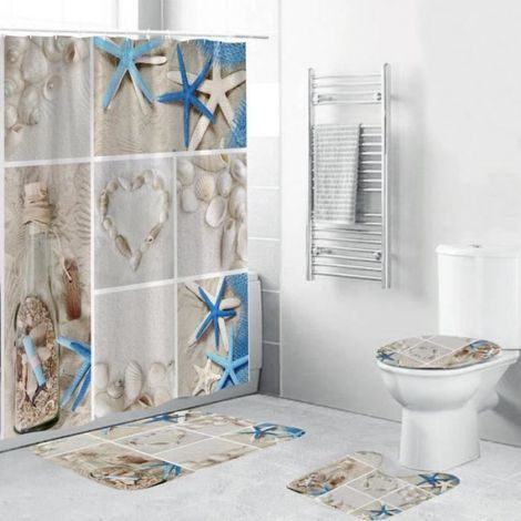 Kit Rideau De Douche - Tapis De Bain - Tapis En Forme De U - Couvercle De Toilette - Polyester Et Flanelle - 180x180 cm - 45x75 cm - 48x39 cm - 44x38 cm (1/4)