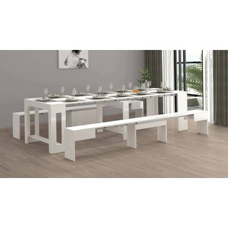 Dmora - Conjunto de mesa y sillas Eric, Composición multiusos, Conjunto con consola y 2 bancos extensibles, 100% Made in Italy, 66x25h45 cm, Blanco brillo (1/5)