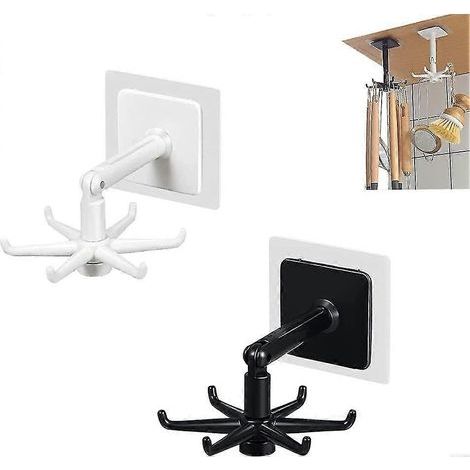 Crochet pliable rotatif à 360°, avec 6 crochets auto-adhésifs sans perçage, utilisé dans la cuisine et la salle de bain, gain de place, blanc et noir (2 pièces) (1/4)