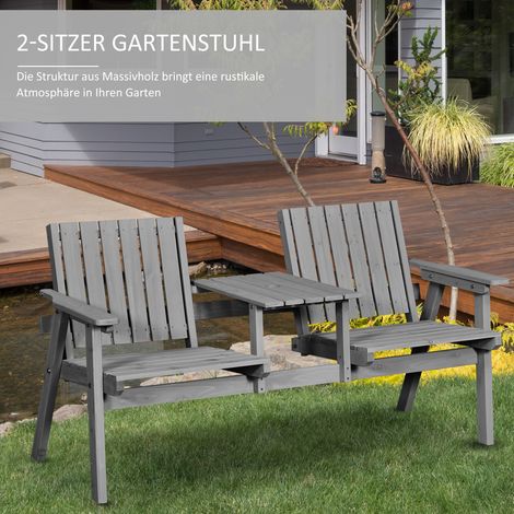 Lot de jardin Outsunny : table, banc et 2 fauteuils en bois massif gris, avec emplacement pour parasol, dimensions 152x70x83 cm (1/4)