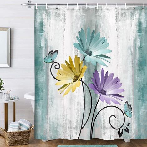 Rideau de douche, 180 x 200 cm, motif papillons, ourlet lesté, anti-moisissure, imperméable, lavable, en polyester, avec 12 œillets et anneaux de rideau de douche, pour salle de bain, baignoire (1/5)