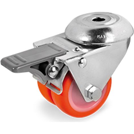 Roulette OEIL JUMELÉE pivotante à frein diamètre 50 mm polyuréthane ROUGE - 140 Kg (1/2)