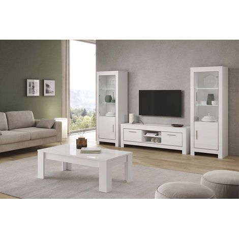 DENAE - Ensemble Salon Complet Laqué Blanc Brillant Meuble TV + Table Basse + Vitrines Leds (1/5)