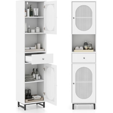 COSTWAY 170cm Tall Bathroom Cabinet PE Rattan Floor Cabinet w/ 2 Doors-White (1/5)