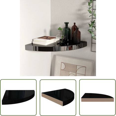 The Living Store Eck-Schweberegal Hochglanz-Schwarz 35x35x3,8 cm MDF - Eckwandregal - Schwarz - Regal Schwarz - Wandregal Schwebend - Wohnraumdeko (1/5)
