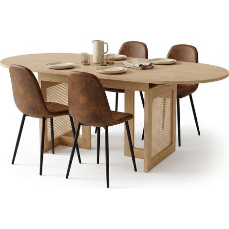FurnitureR Ensemble repas 5 pièces, table 150–200 cm et 4 chaises daim, Table extensible de 150 à 200 cm effet chêne avec 4 chaises brunes et piètement décoré de cannage (1/5)