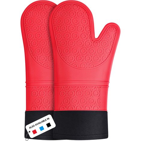 Gants de Four Résistant à la Chaleur Silicone Gants de Four Extra Long Antidérapant Mitaines de Four (Rouge, 1 Paire) (1/5)