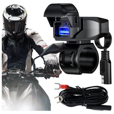 Kewig USB-A Motorradladegerät 18W, QC-Schnellladung, wasserdicht (IP65) mit Ein-/Ausschalter und LED-Hintergrundbeleuchtung, Lenkerhalterung, für Handy, Kamera und Gegensprechanlage – Schwarz (1/5)