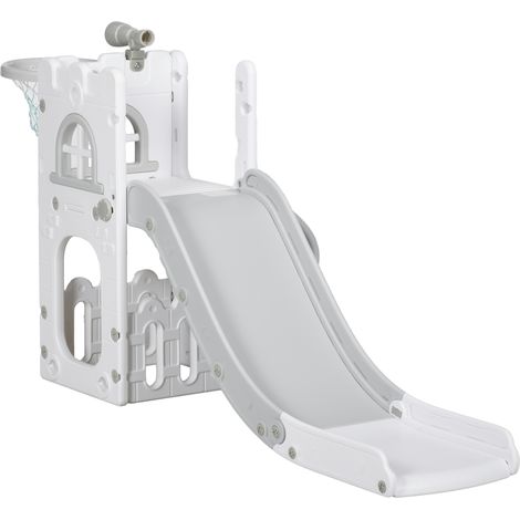 Toboggan 5 en 1 pour enfants avec panier de basket, télescope, structure d'escalade et panier inférieur pour une utilisation intérieure, blanc et gris (1/5)